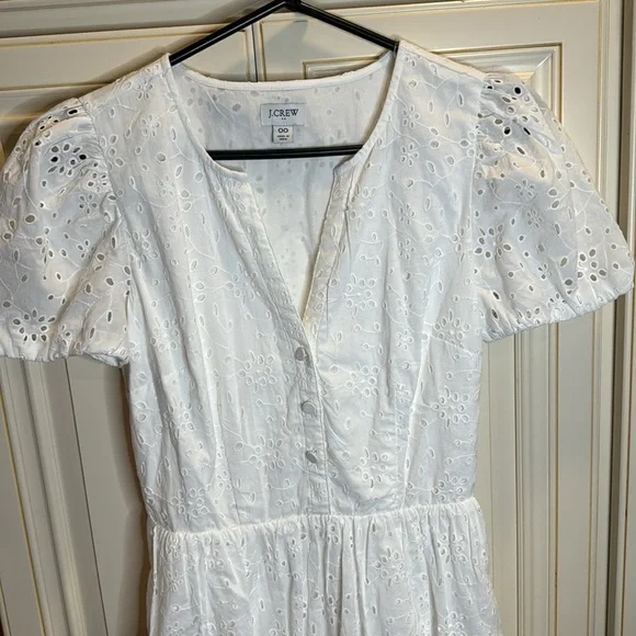 J Crew white eyelet long puff sleeve dress- fully lined- size 00 - Picture 2 of 10